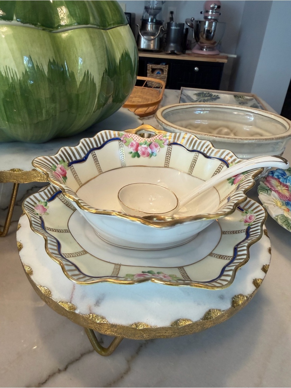 Vintage Noritake Floral Gold-Trim Porcelain Serving Bowl with Ladle